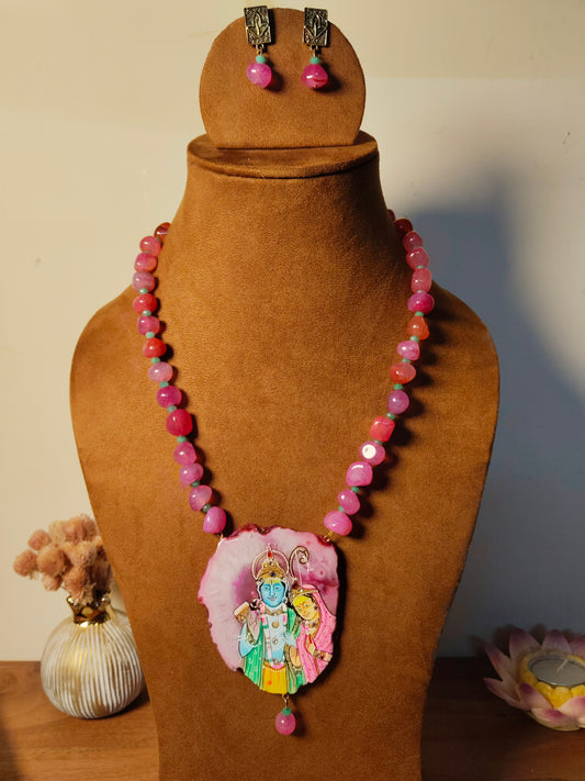 Lord Ram Sita Handpainted Agate Pendant with Pink & Green Onyx Beads Necklace Set