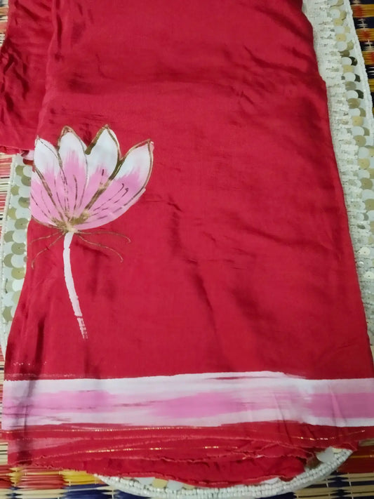 Red Handpainted Silk Saree