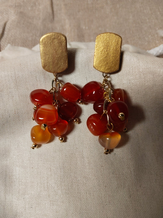 Orange Nugget Beads Gold Tone Statement Earrings