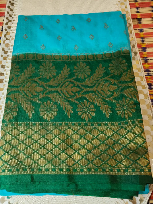 Sea Green & Green Handwoven Semi Silk Saree