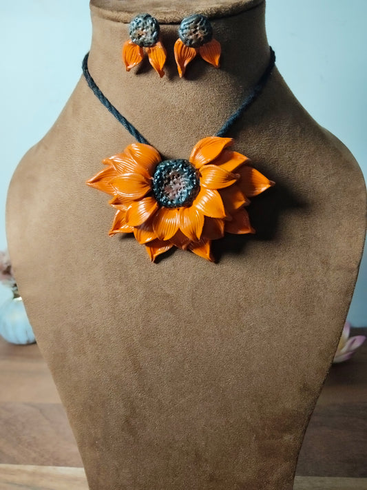 Marigold Orange Clay Sunflower Pendant Chain & Studs