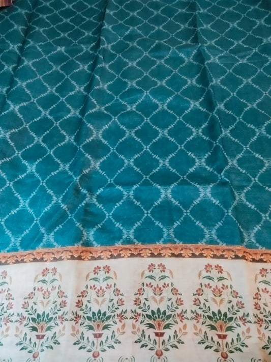 Teal Linen Blend Ikkat Print Saree with Kalamkari Block Print