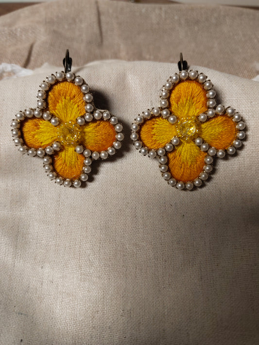 Summer Floral Fabric with Pearls Handmade Statement Earrings