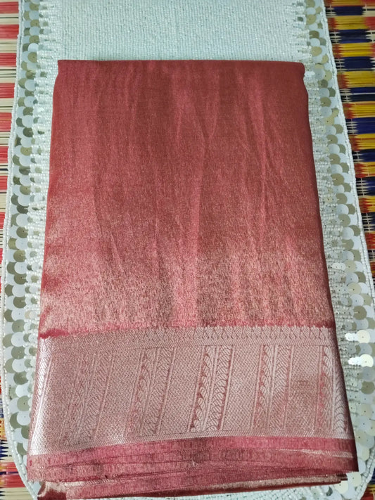 Wine Handwoven Tissue Saree with Silver Zari