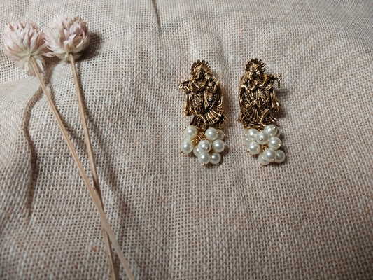 Oxidised Gold Lord Krishna Radha Earrings with Pearl Beads