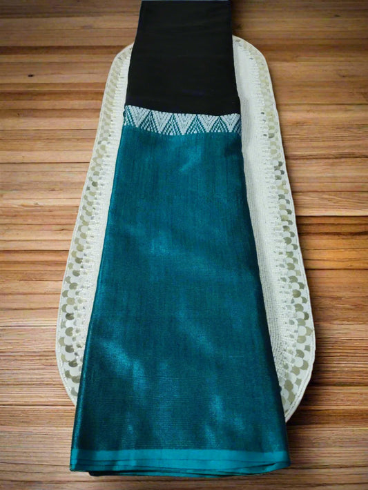 Green Linen Blend Saree with Woven Design & Zari
