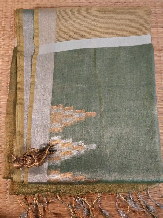 Metallic Green Zari Linen Saree