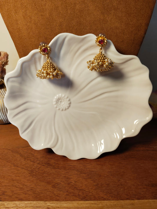 Pink Bead & Pearl Beads Gold Tone Jhumkas