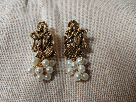 Oxidised Gold Lord Krishna Radha Earrings with Pearl Beads