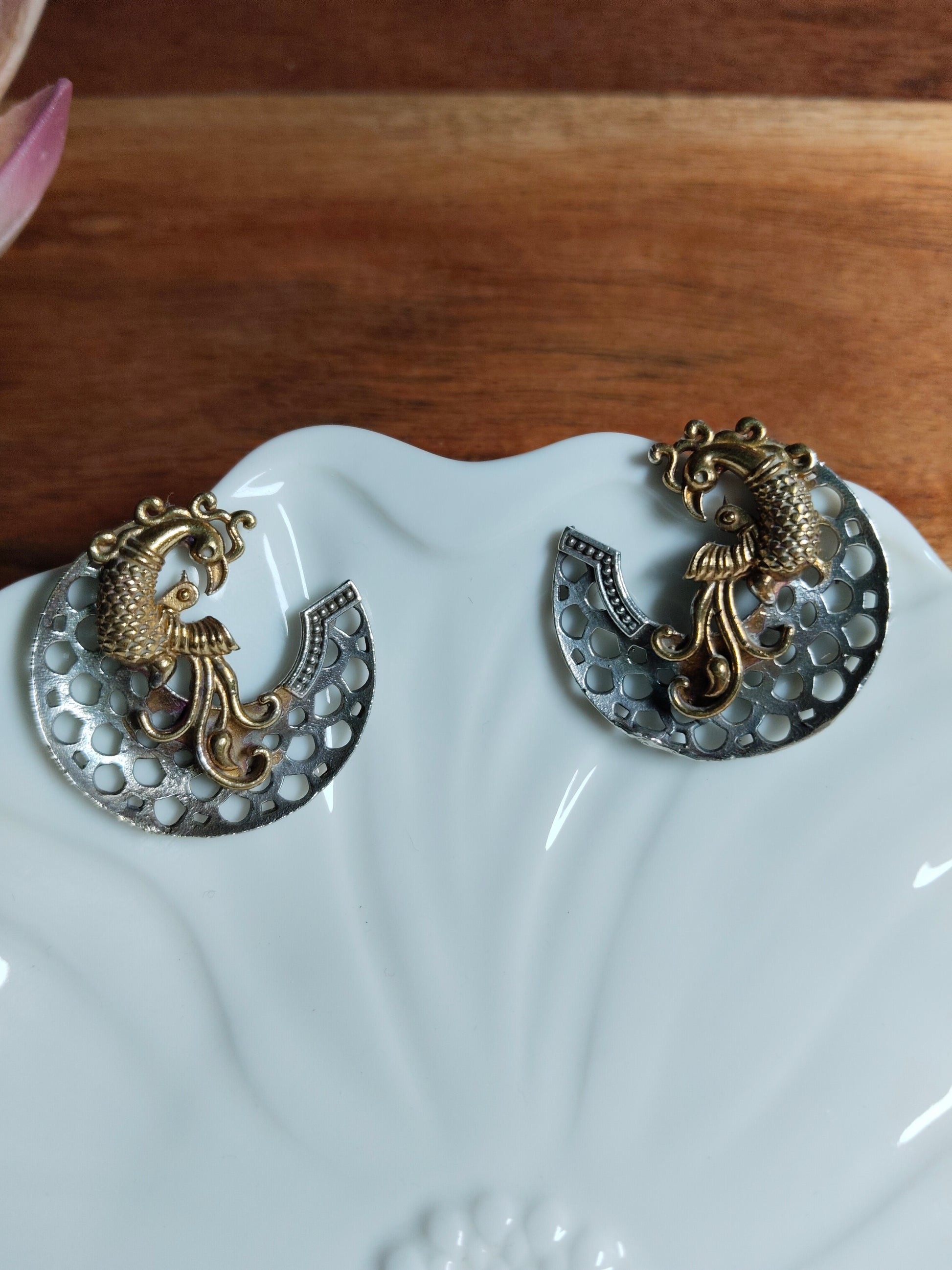 Oxidised Gold & Silver Dual Tone Peacock Design Studs