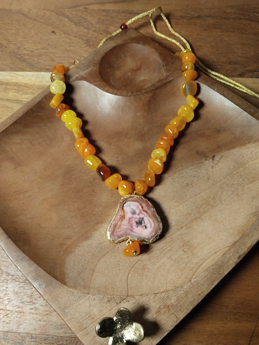 Agate Pendant with Orange Onyx Beaded Chain