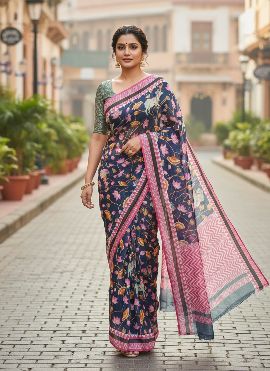 Royal Blue Organic Linen Saree