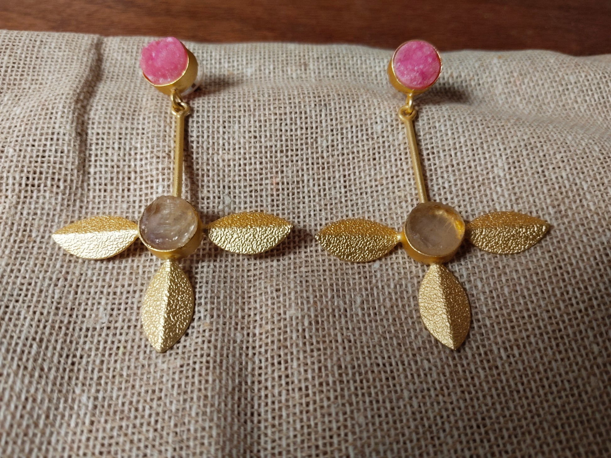 Pink & White Druzy Textured Gold Earrings