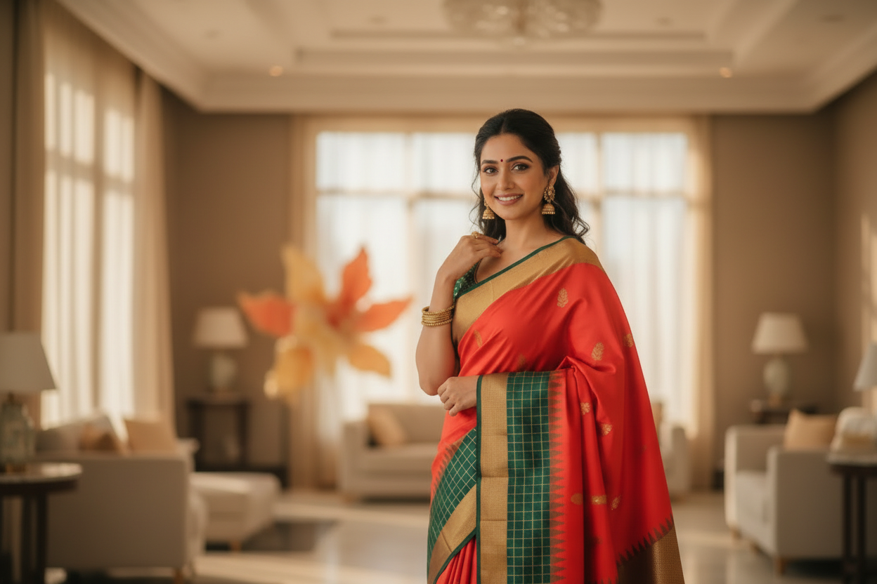 Orange Cotton Silk Saree with Dual Shade Borders