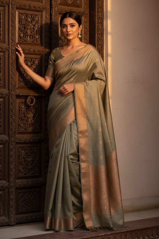 Olive Green Cotton Viscose Saree