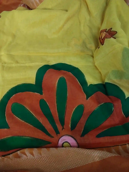 Yellow Hand Painted Cotton Saree