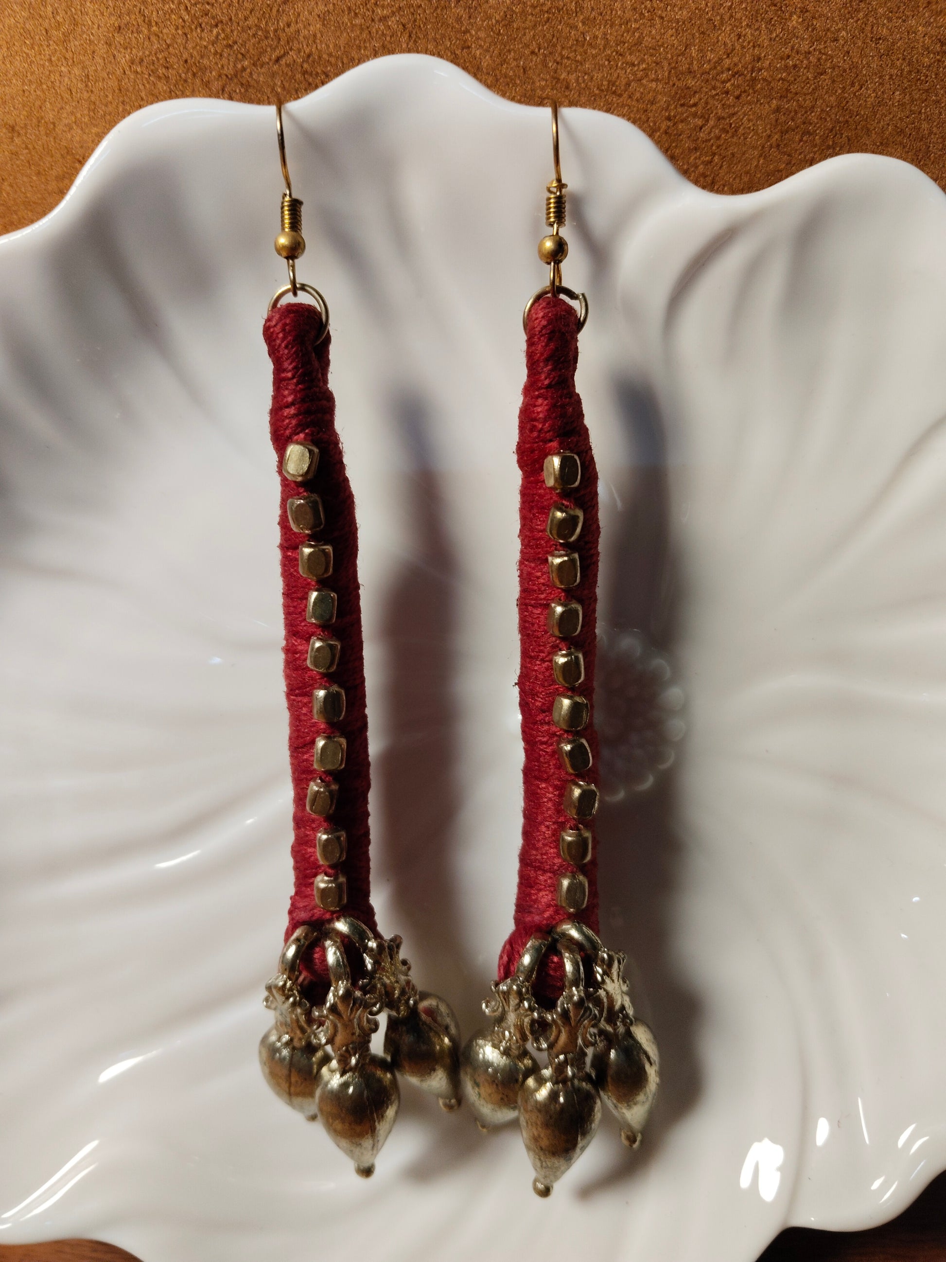 Maroon Thread & Brass Tribal Earrings