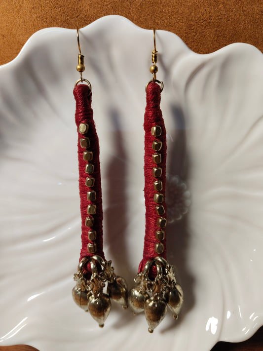 Maroon Thread & Brass Tribal Earrings