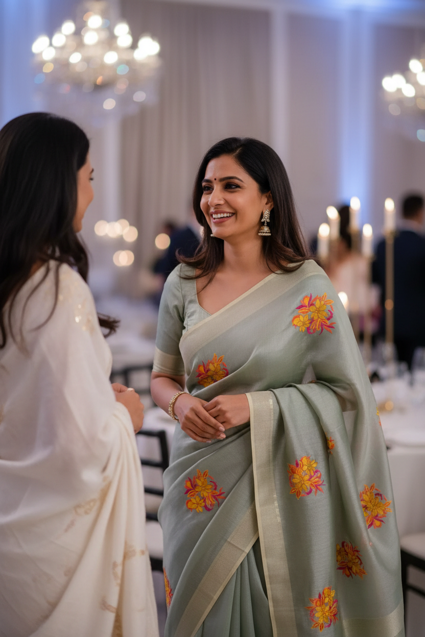 Pastel Green Embroidered Zari Linen Saree