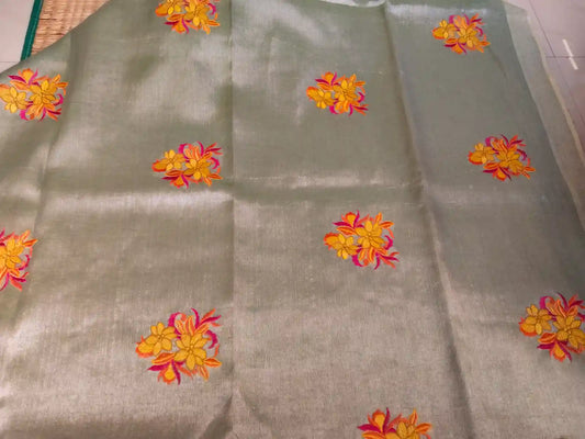 Pastel Green Embroidered Zari Linen Saree