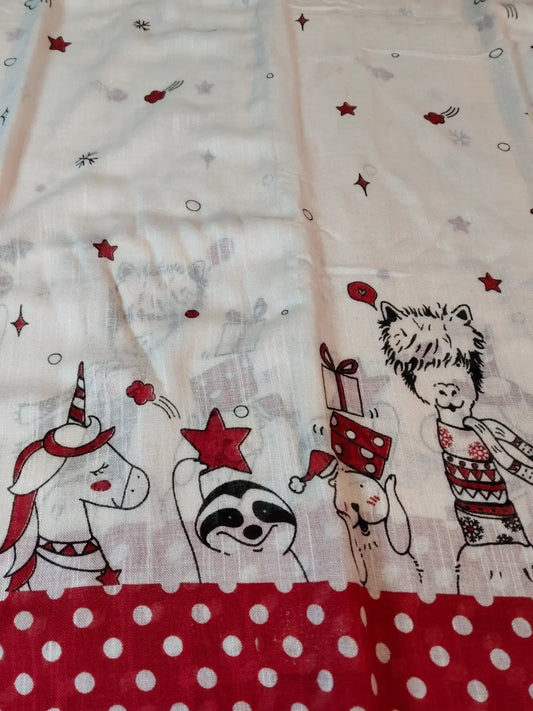 Cream & Red Organic Linen Christmas Theme Saree