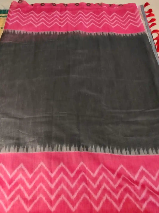 Black & Pink Linen Blend Ikat and Kalamkari Print Saree