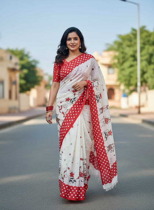 Cream & Red Organic Linen Christmas Theme Saree