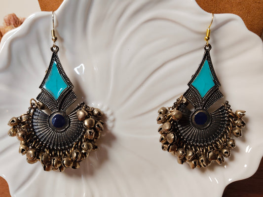 Light & Dark Blue Oxidised Gold Tone Ghungroo Chandbali Earrings