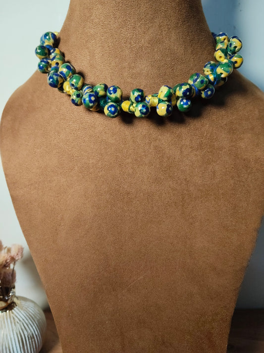 Blue Yellow Green Pottery Beaded Necklace