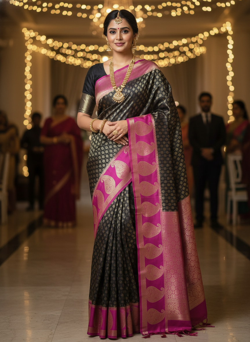 Black Kora Muslin Saree with Tanchoi Design & Paisley Border