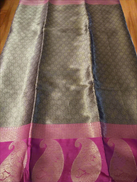 Black Kora Muslin Saree with Tanchoi Design & Paisley Border