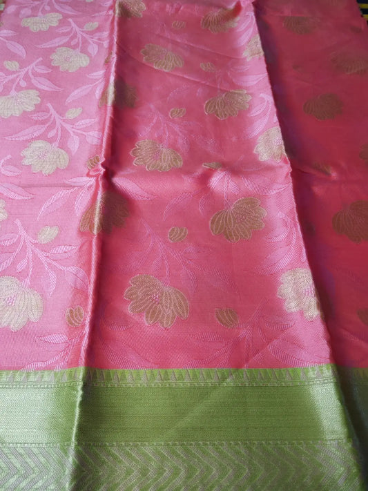 Peach Kora Muslin Saree with Jaal Design & Floral Border