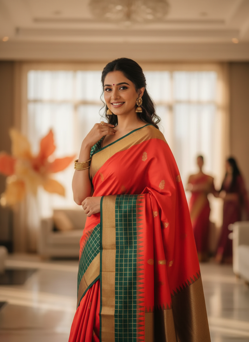 Orange Cotton Silk Saree with Dual Shade Borders