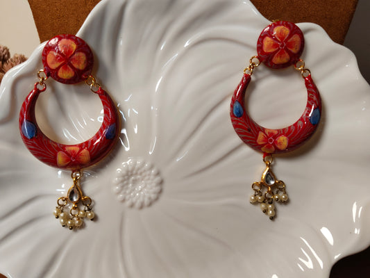 Red Handpainted Flower Pattern Earrings