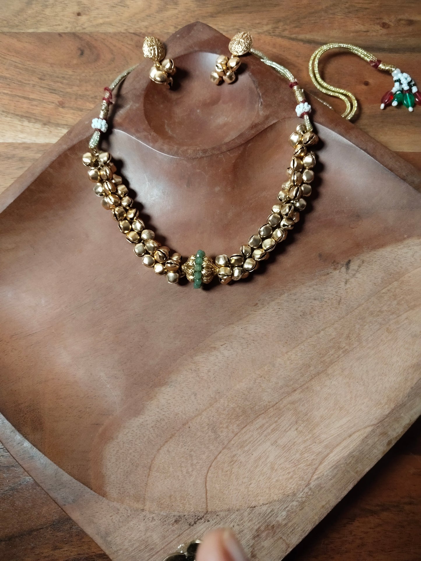 Sea Green Beads & Ghungroo Gold Tone Necklace Set