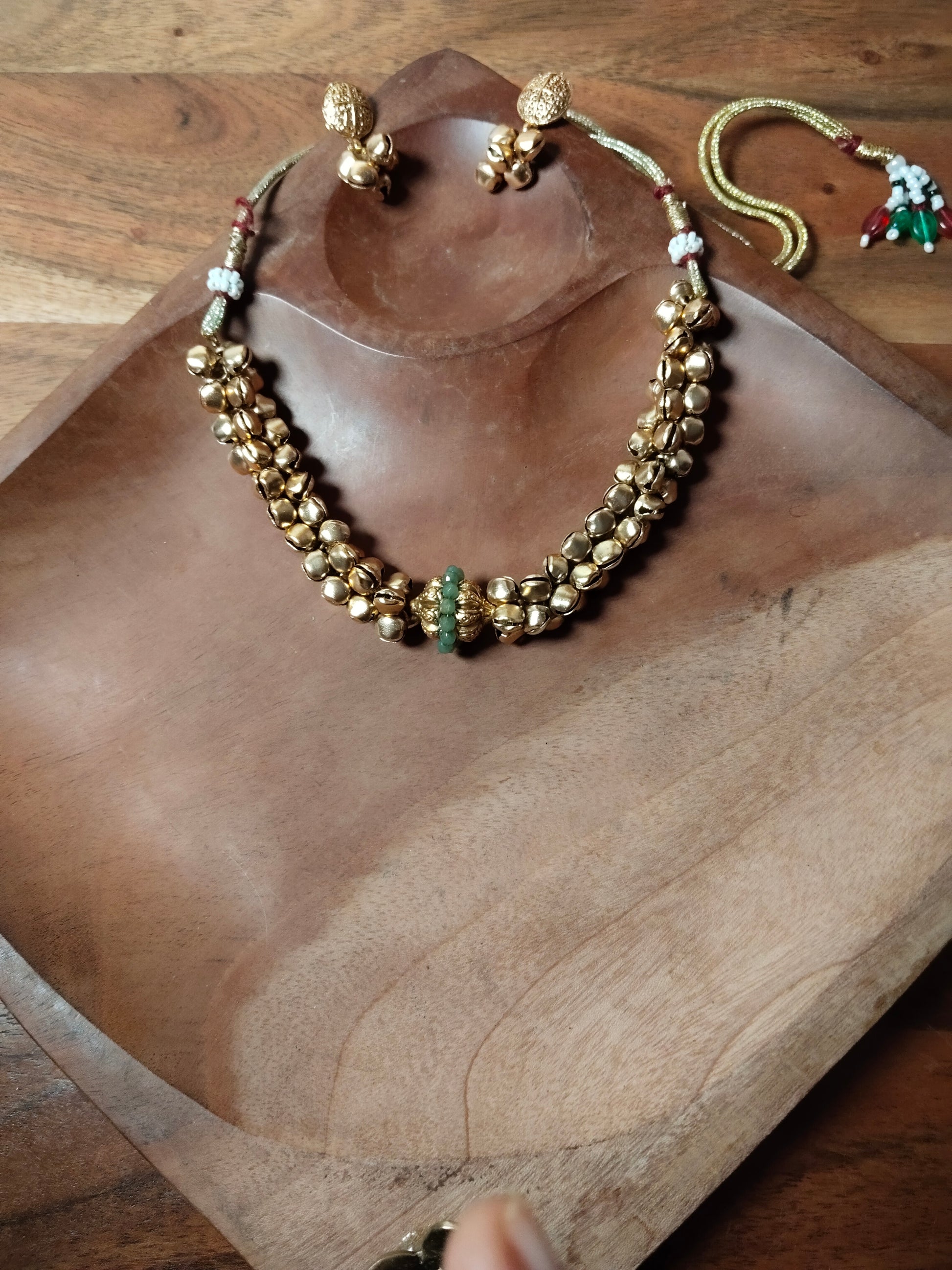 Sea Green Beads & Ghungroo Gold Tone Necklace Set