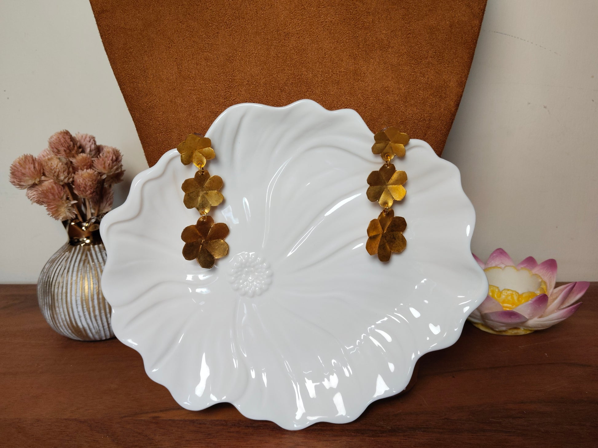 Dhokra Brass Tri Hexagon Earrings