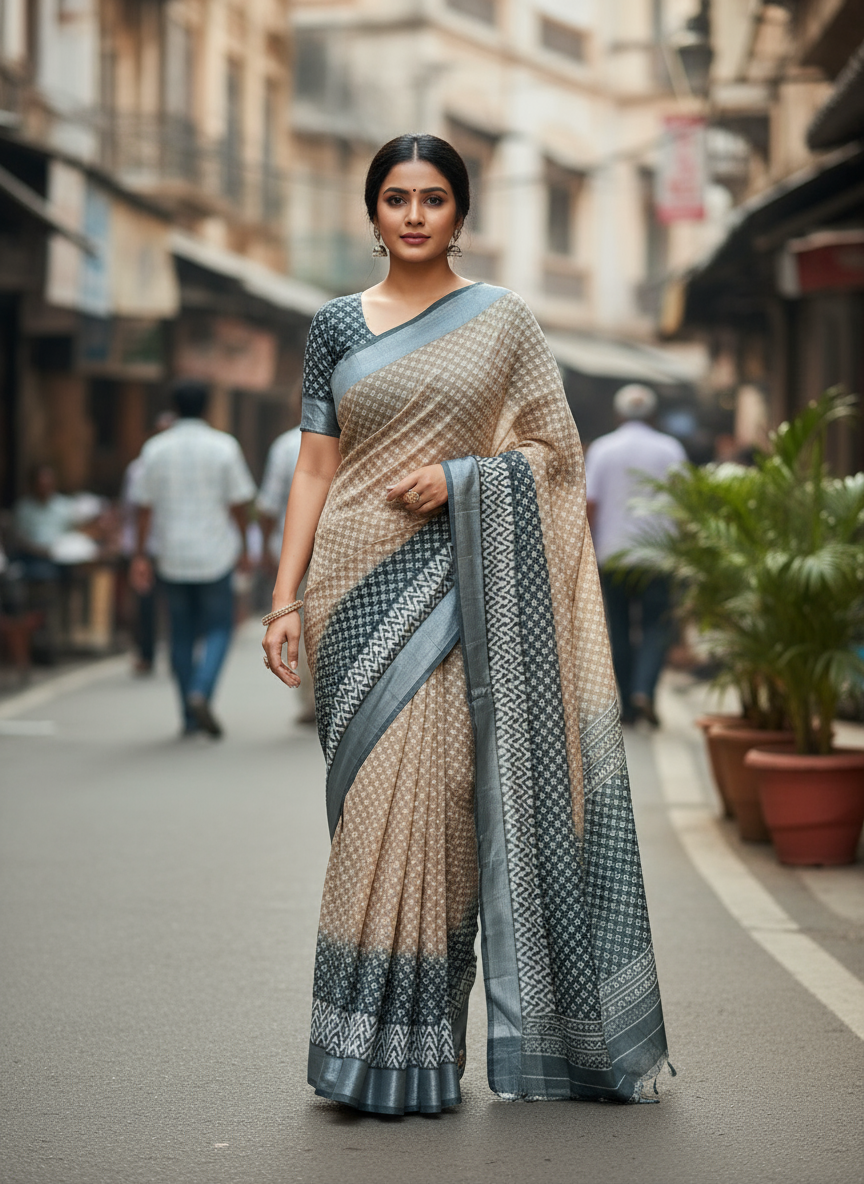 Light Beige & Gray Organic Linen Saree