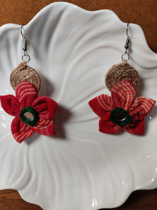 Red Orange Green Mirror Work Fabric & Jute Handmade Earrings