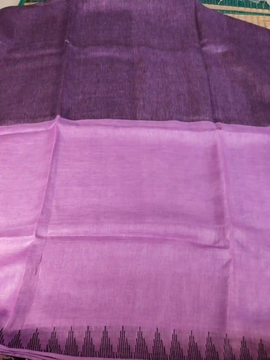 Purple Handloom Linen Saree with Temple Border