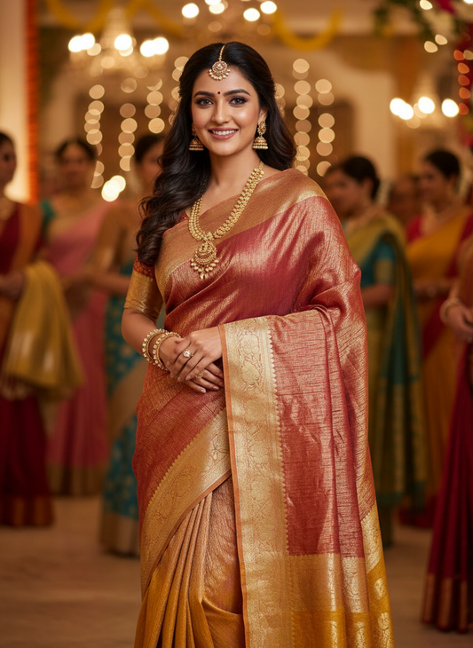 Rust Handwoven Crushed Tissue Saree with Zari Border