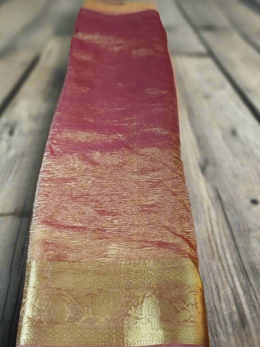 Rust Handwoven Crushed Tissue Saree with Zari Border