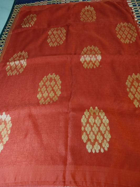 Red & Gold Handwoven Linen Saree with Floral Butis