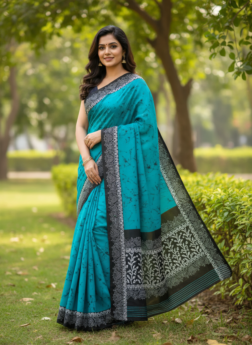 Green & Black Handloom Mul Cotton Hand Block Print Saree