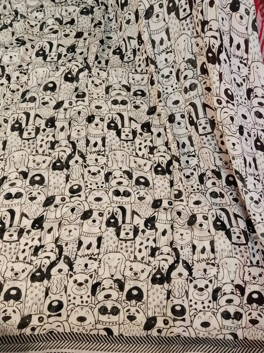 Black & White Cotton Pet Theme Saree