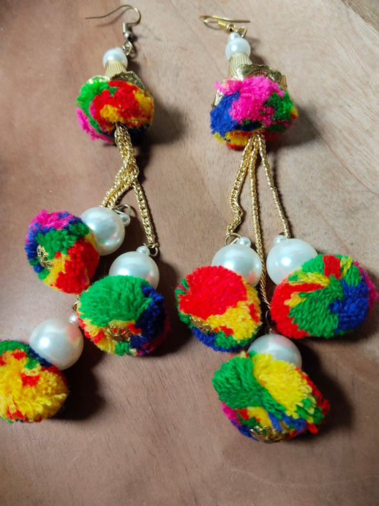 Multi Color Layered Tassel Pom-Pom Earrings