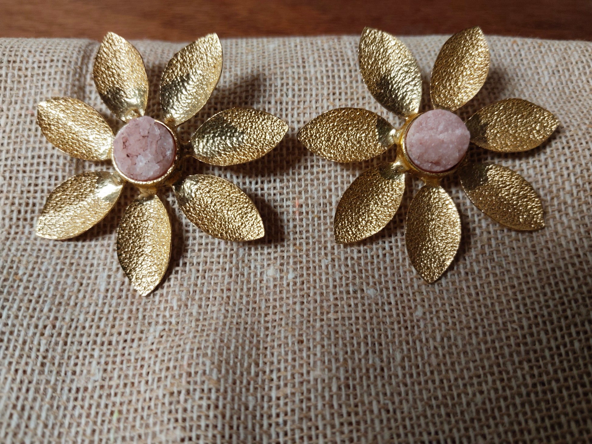 Light Pink Druzy Textured Gold Floral Studs