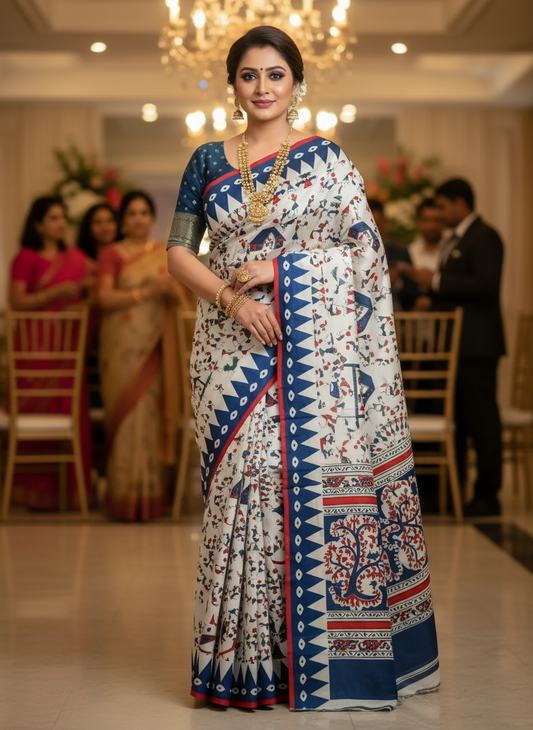 White & Blue Handblock Print Saree
