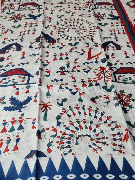 White & Blue Handblock Print Saree