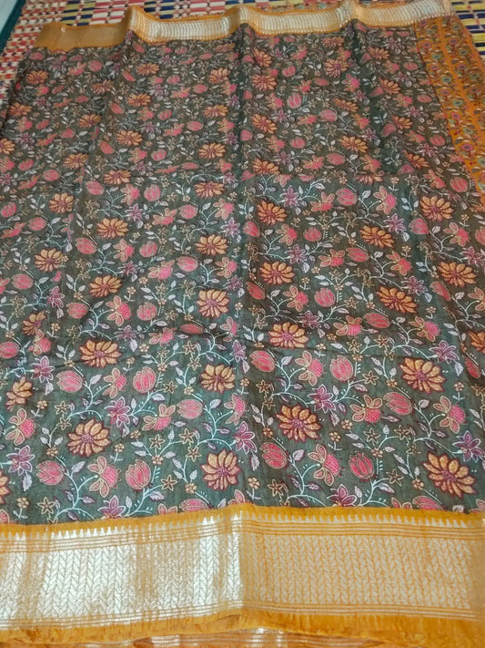 Grey & Mustard Cotton Silk Saree
